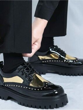 Black Patent Wingtip Oxfords with Metallic Gold Panels